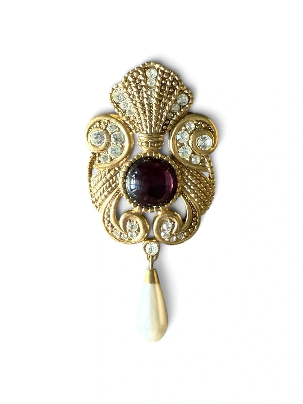 VINTAGE JEFF LIEB STATEMENT BROOCH - Purple Cabochon & Rhinestones